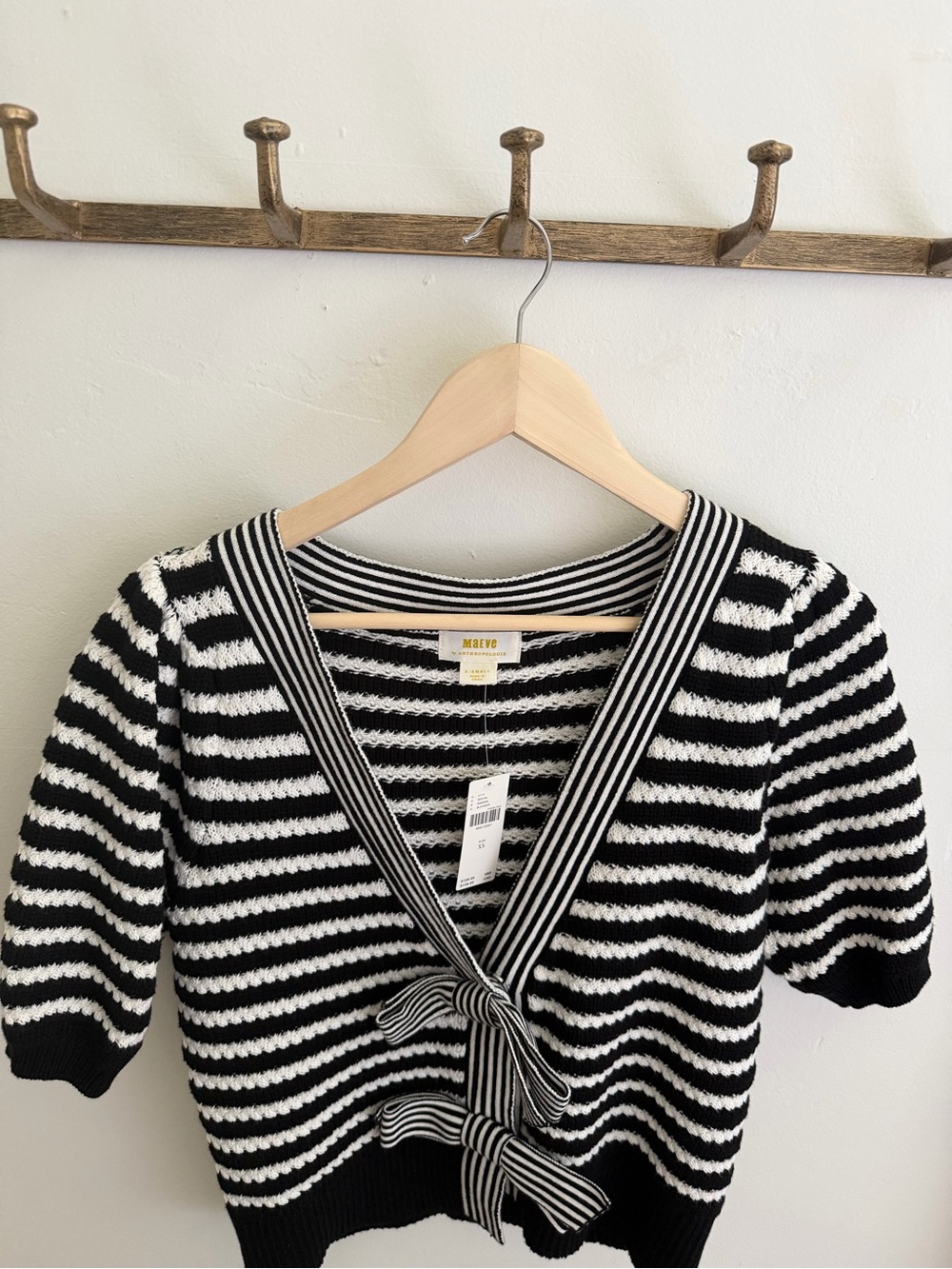 Anthropologie Black & White Striped V-Neck Tie-Front Sweater - Picture 1 of 7